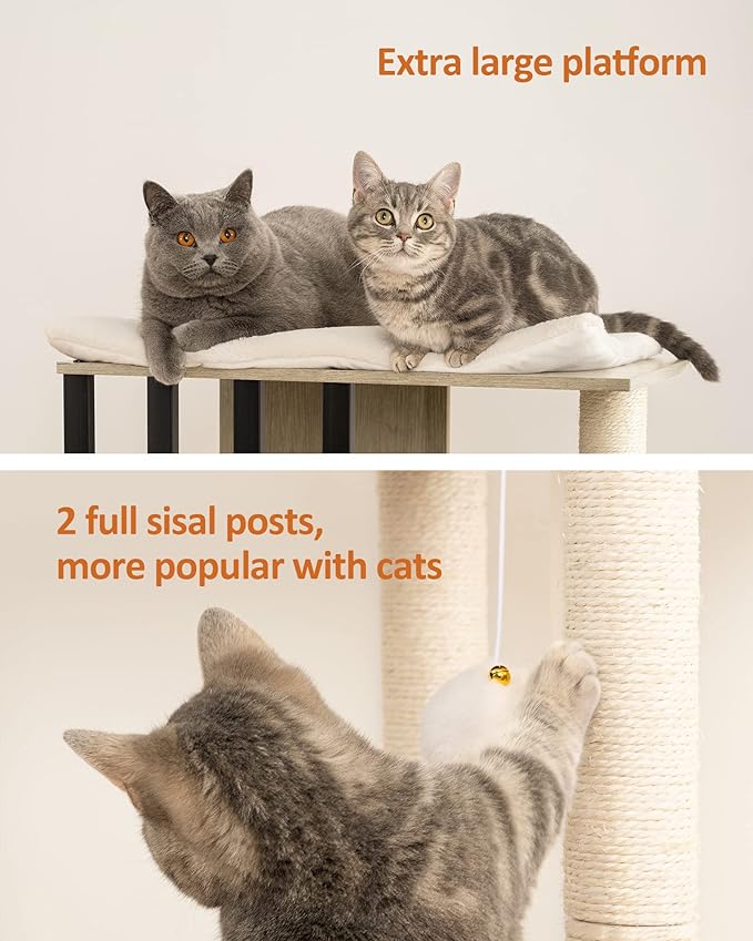 FourFurPets 43.8in 3-Tier Modern Cat Tree Tower Condo, Cat Scratch Posts for Indoor Cats, Big Plate, Two 19.7in Full Sisal Scratching Posts, Greige