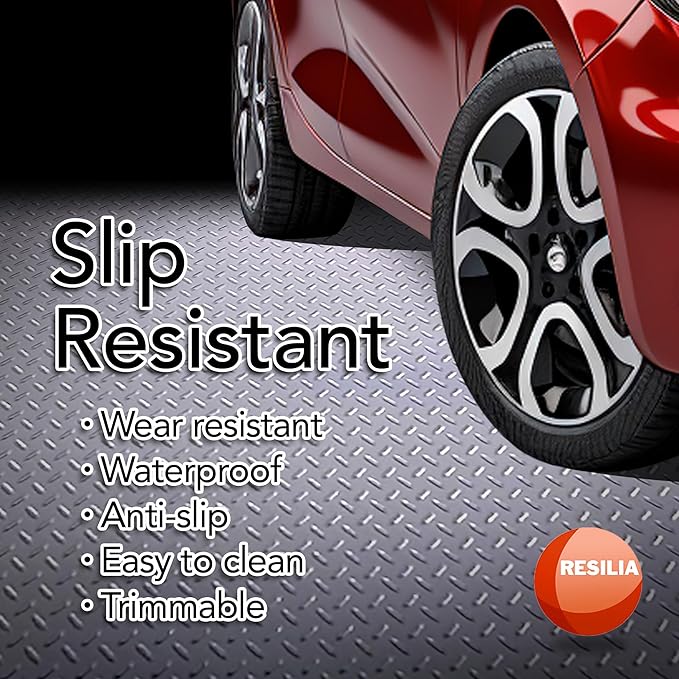 RESILIA Heavy Duty Garage Floor Runner & Protector Mat - Slip Resistant Diamond Plate PVC Mats - Water, Spill, & Stain Resistant, Silver (4 feet x 10 feet)