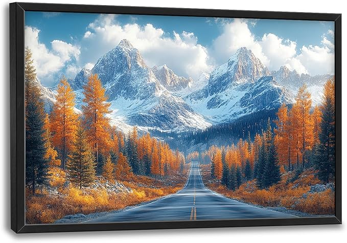 Large Forest Mountain Landscape Wall Art for Living Room, Nature Highway Road Scenery Canvas Oversized Wall Decor, Autumn Framed Pictures Painting Print Artwork for Bedroom Office 36"L x 24"W