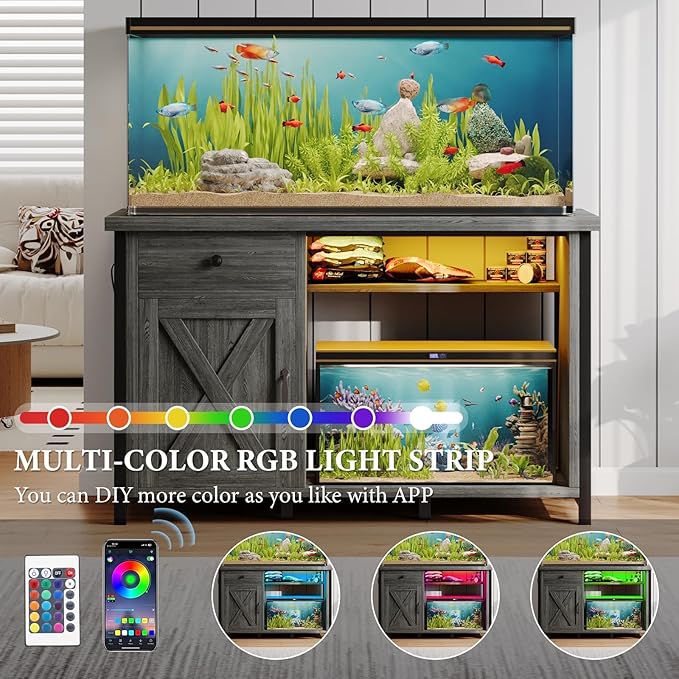 4ever2buy 55 Gallon Fish Tank Stand with LED Light & Power Outlets, 55-75 Gallon Aquarium Stand with Drawer & Barn Door, Cabinet for Fish Tank Accessories Storage for Reptile Tank, Turtle Tank, Gray