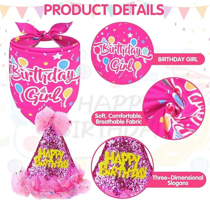 SCENEREAL Dog Birthday Bandana with Hat and Dress Girl Set, Puppy Birthday Party Supplies, Cute Pink Tutu Skirt Outfit for Small Medium Large Dogs