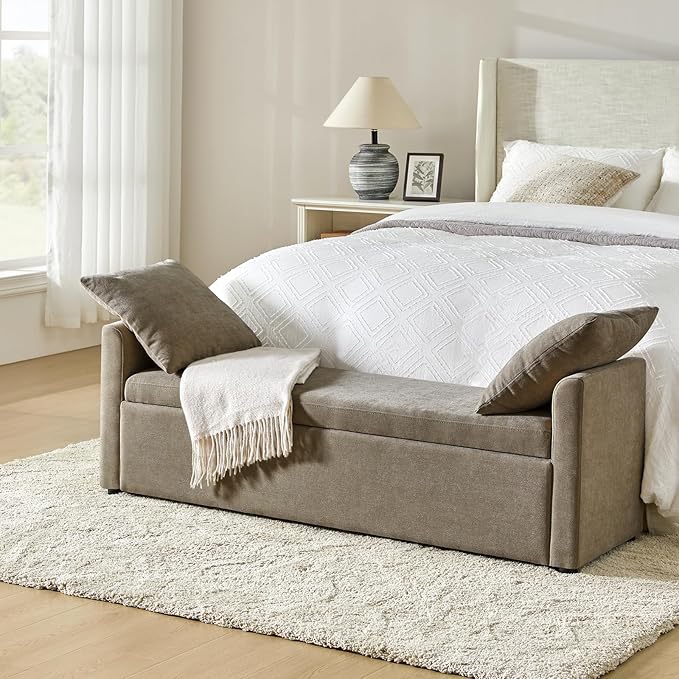 HULALA HOME Modern Storage Bench with Throw Pillows, 59.4" Extra Long Bedroom Ottoman Bench for End of Bed, Comfy Upholstered Footstool for Entryway Dining Room Living Room, Brown