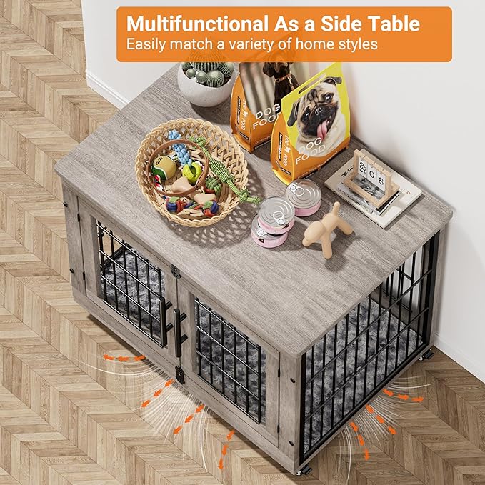 Lulive Dog Crate Furniture Set of 2, Dog Kennel Indoor Double Doors Wooden Dog Cage, 32'' Heavy Duty Dog Crate with Cushion & Wheels, End Table Pet House Chew-Resistant Up to 45 lb, Grey