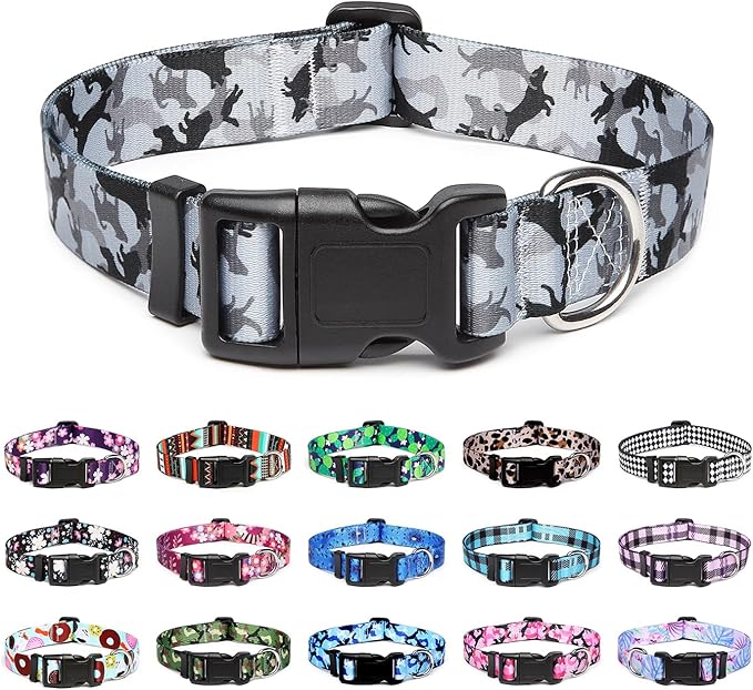 Mercano Adjustable Dog Collar - Special Design Patterns, Soft Nylon Comfortable Durable Pet Collar for Small Medium Large Dogs (L, Dog Camouflage Grey)