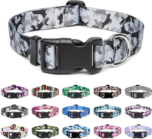 Mercano Adjustable Dog Collar - Special Design Patterns, Soft Nylon Comfortable Durable Pet Collar for Small Medium Large Dogs (XS, Dog Camouflage Grey)