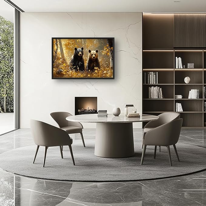 Large Forest Bear Wall Art for Living Room, Black Bear Autumn Canvas Oversized Wall Decor, Wildlife Framed Pictures Painting Print Artwork for Bedroom Office 36L" x 24W"