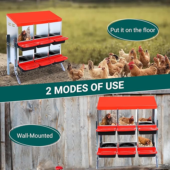 Nesting Boxes for Chickens, Chickens Laying Boxes for Chicken Coop with Legs, 6 Compartments Chicken Nesting Boxes, with Removable Tray, Easy Cleaning, for Hens Outdoor Chicken Coop Farm Yard, Red