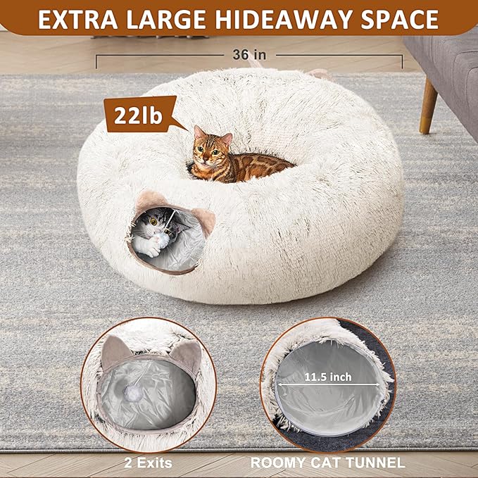 Cat Tunnel with Cat Bed for Indoor Cats, Soft Plush Peekaboo Cat Cave Donut Tunnel, Multifunctional Playground Toys Hideplace for Small Medium Large Kittens, Rabbit, Ferret (Cream White)