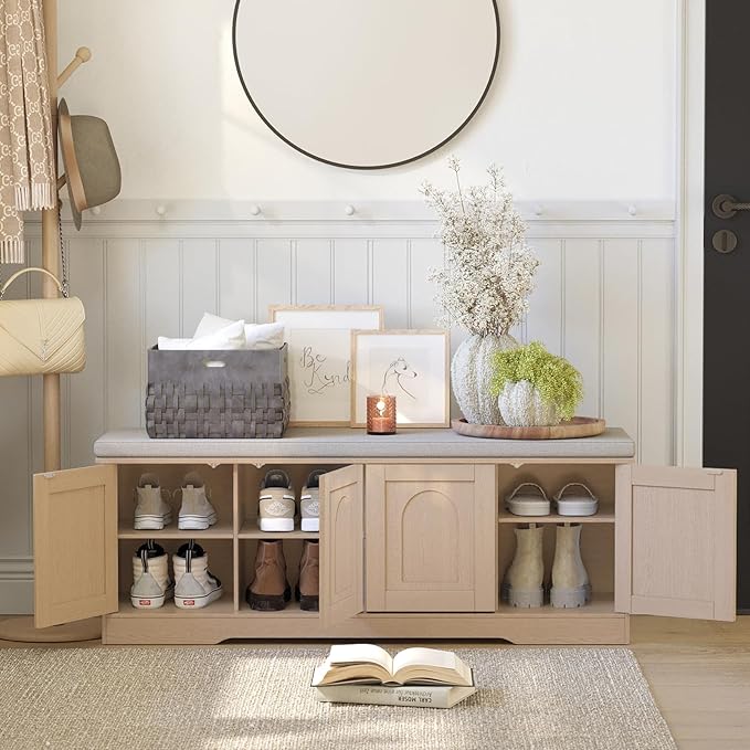 DINZI LVJ Shoe Bench, Entryway Storage Bench with Doors, Cushion, 2-Tier Shoe Rack with 8-Cubby, 47.2”L x 13.8”W Shoe Organizer Cabinet, Adjustable Shelf, Living Room, Bedroom Natural