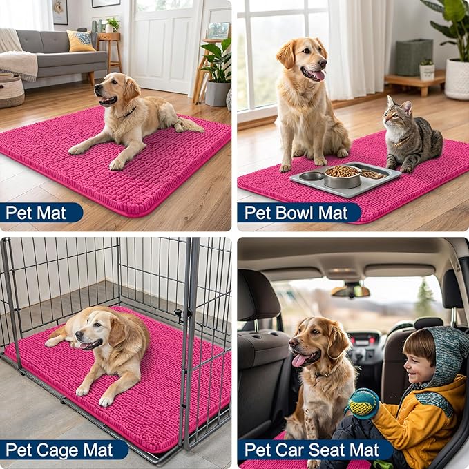 Smiry Dog Door Mat for Muddy Paws 48x30, Absorbs Moisture and Dirt Doormat, Non-Slip Washable Quick Dry Chenille Front Door Mat Indoor Entrance, Entryway Carpet for Inside Floor, Hot Pink