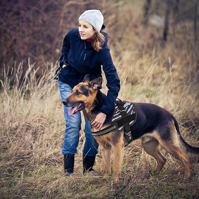 Dogline Dog Harness, Reflective No-Pull Adjustable Vest with Handle for Walking, Training, Breathable, No - Choke Harness for Small, Medium or Large Dogs Room for Patches Zebra Black/White L 27"-34"