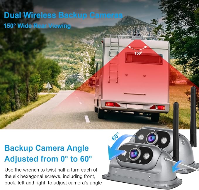 RV Wireless Backup Cameras with 10.26 inch Touch Monitor for Car Truck Trailer Bus Camper Motorhome, DVR Video Recording, Infrared Night Vision, Two Rear Side Wide View Back Up Camera Split Screen