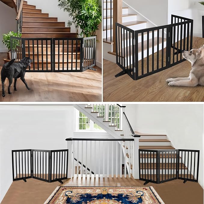 ZJSF Freestanding Indoor Dog Gate for House Foldable Wood Puppy Gate for Doorways Pet Gate for Stairs Extra Wide Pet Fence, Black, 24" Height 6 Panels
