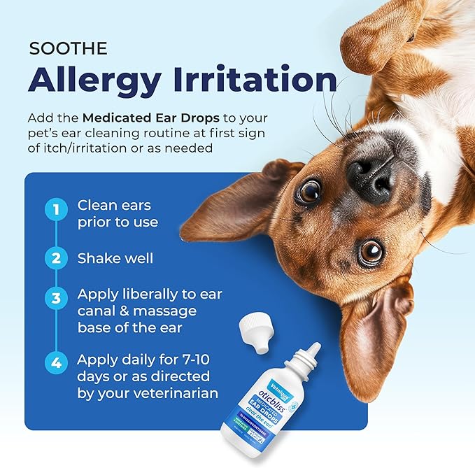 Vetnique Oticbliss Medicated Cat & Dog Ear Cleaner Drops - Dog Ear Infection Treatment with 1% Hydrocortisone to Soothe Itching, Redness, & Swelling - Vet Recommended