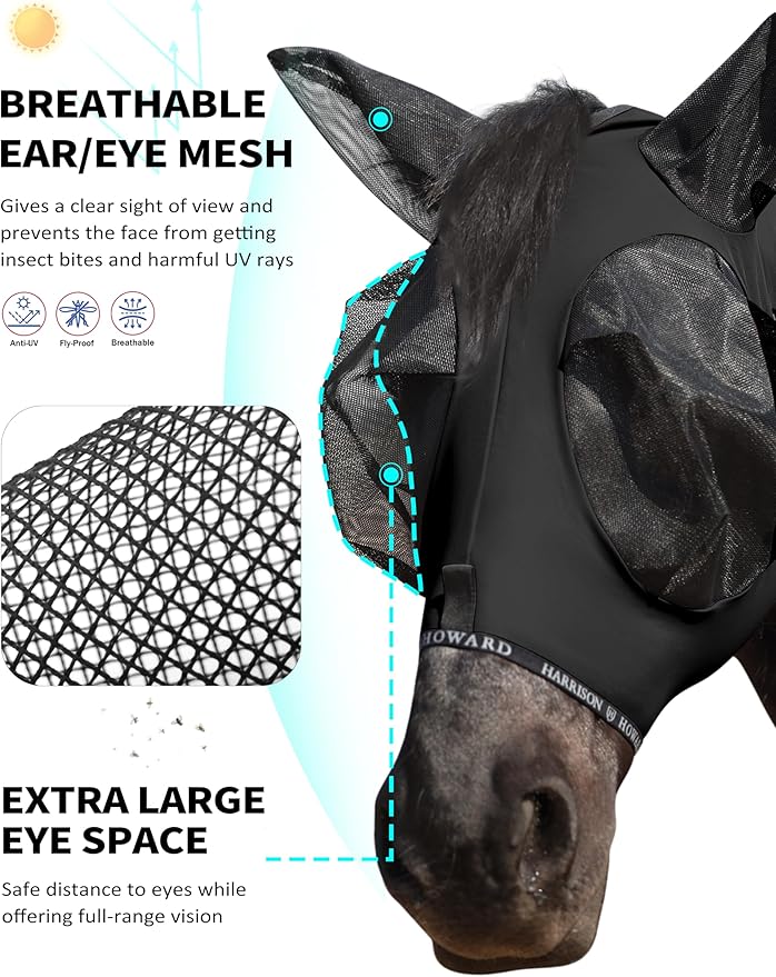 Harrison Howard Horse Fly Mask with Forelock Opening Stretch Breathable and Comfortable for Horses UV -Protection Black L