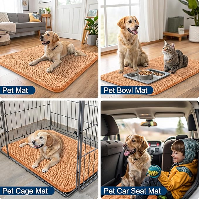 Smiry Dog Door Mat for Muddy Paws 30x20, Absorbs Moisture and Dirt Doormat, Non-Slip Washable Quick Dry Chenille Front Door Mat Indoor Entrance, Entryway Carpet for Inside Floor, Orange