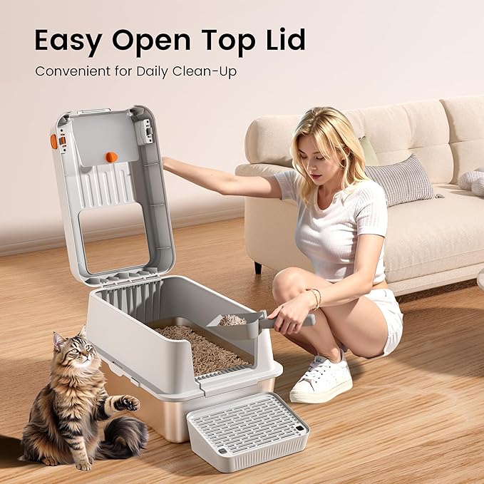 XL Stainless Steel Cat Litter Box with Easy-Open Lid, AOTRUTII Enclosed Metal Litter Box for Big Cats, Front Entry & Top Exit, High Sided, Anti-Leak, Non-Stick, Easy to Clean, Includes Scoop