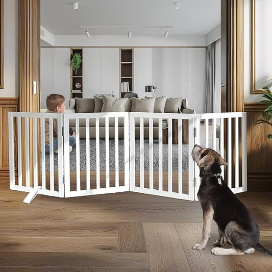 ZJSF Freestanding Indoor Dog Gate for House Foldable Wood White Puppy Gate for Doorways Pet Gate for Stairs Extra Wide Pet Fence 24" Height 4 Panels