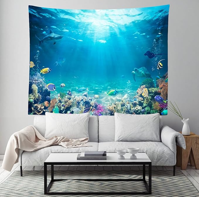 Loccor Underwater World Tapestry Blue Ocean Wall Hanging Under the Sea Coral Reef Wall Tapestry 179x118 Inches Tropical Fish Tank Undersea Tapestries Marine Wall Art for Bedroom Living Room Dorm Decor
