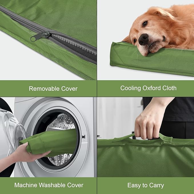 Outdoor Extra Large Dog Crate Bed, Big Waterproof Dog Bed for Large Dogs, Orthopedic Egg Foam Pet Bed Mat with Removable Cooling Cover, Light Green