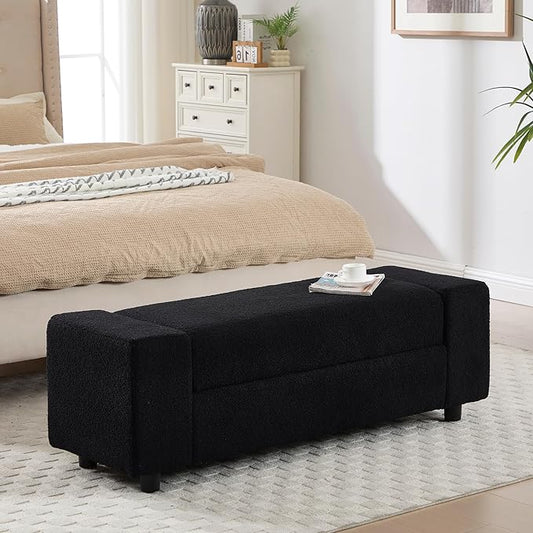 Teddy Storage Ottoman Bench,55 Inch Upholstered Boucle Comfy Sherpa End of Bed Bench with Large Storage for Bedroom/Living Room/Entryway/Closet(Black)
