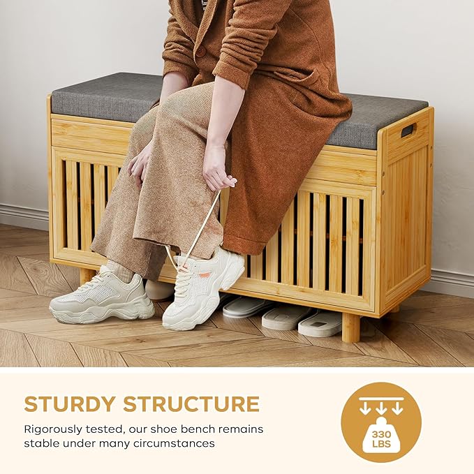 Shoe Storage Bench, Bamboo Entryway Bench with 2 Doors & Padded Seat Cushion, 35.4" W x 12.6" D x 19.7" H, 2-Tier Shoe Rack with Lift Top Hidden Storage, for Entryway, Living Room, Bedroom, Natural