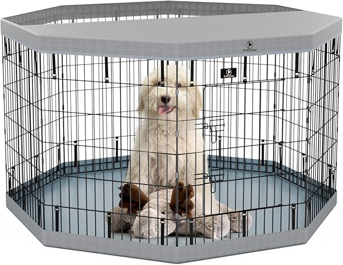 PJYuCien Dog Playpen, 8 Panels 36”H Dog Playpen Indoor with Grey Bottom Pad and Top Cover, Metal Foldable Dog Pen for Indoor Use, Better for Small Medium Animals, Grey
