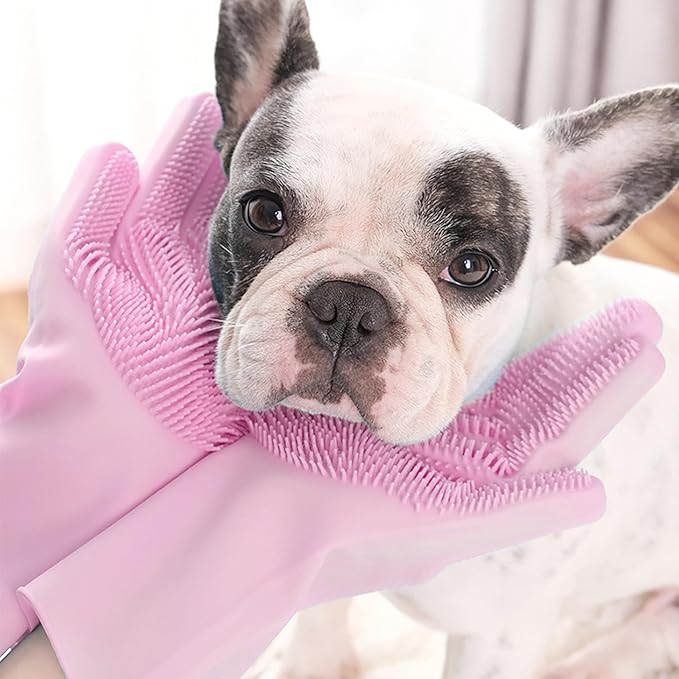 Pet Grooming Gloves，Heat-Resistant Silicone Gloves with High-Density Teeth for Enhanced Massaging and Bathing of Dogs and Cats (Pink, 2 Pair)