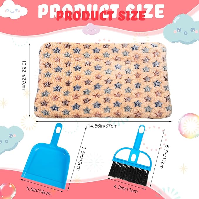 Yulejo 6 Pieces Guinea Pig Bed Mats with Cleaning Dustpan Brush Washable Plush Cage Lines Soft Fleece Sleeping Bedding Pads for Hamster Bunny Chinchilla Squirrel Small Animals (Cool Color, Star)