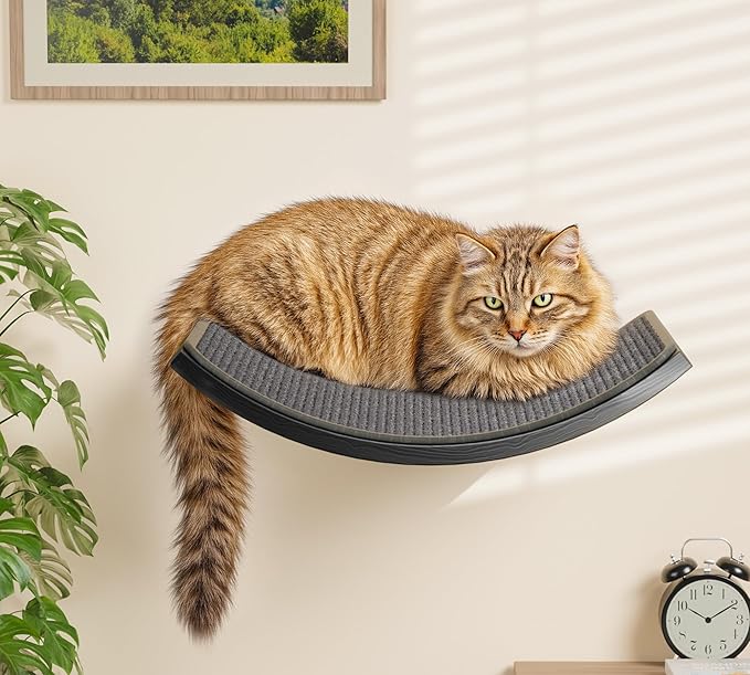 Wall Mounted Curved Cat Hammock with Grey Sisal Pad – Scratch-Friendly Cat Nest Perch for Wall – Large Floating Bed for Indoor Cats