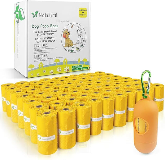 Poop Bags for Dogs-1050 Counts, 70 Rolls With a Free Dispensers, Biodegradable Poop Bags Made of Cornstarch, Size: 9x13 Inch, Extra Thick Strong and 100% Leak Proof (Yellow)