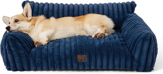 Bedsure Cute Dog Couch for Pets - Fluffy Dog Sofa with Premium Soft Corduroy Fleece, Pet Couch Bed with Washable Cover, Supportive Pet Sofa Bed for Medium Large Dogs, 36inch, Night Blue