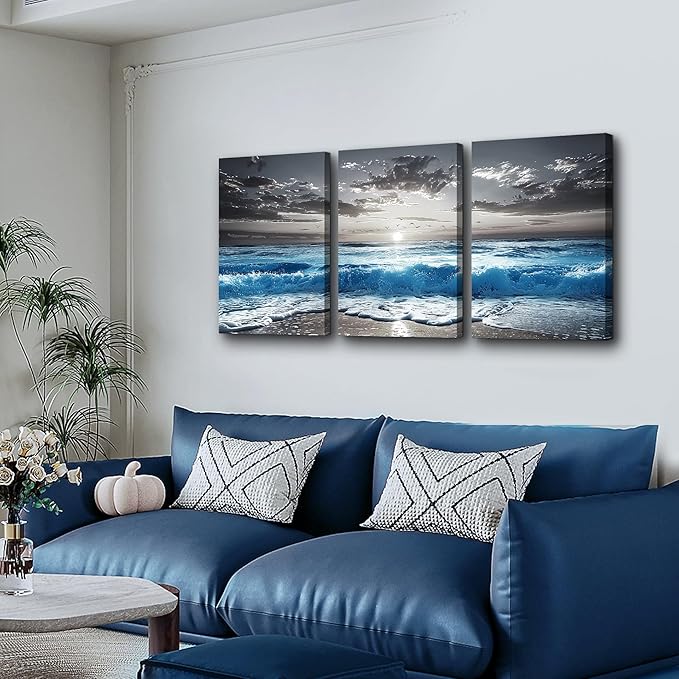 TTHYUEWS Beach Wall Art For Living Room Canvas Wall Decor For Bedroom Office Decorations Blue Sea Wave Paintings Black And White Wall Pictures Artworks Bathroom Canvas Art Modern Home Decor 3 Piece