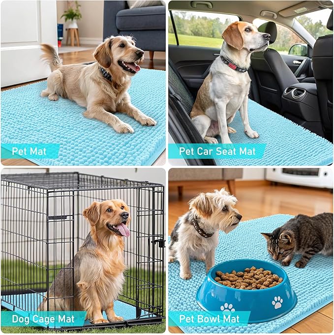 OLANLY Dog Door Mat for Muddy Paws 44x24, Absorbs Moisture and Dirt, Absorbent Non-Slip Washable Doormat, Quick Dry Chenille Mud Mat for Dogs, Entry Indoor Entryway Carpet for Inside Floor, Blue