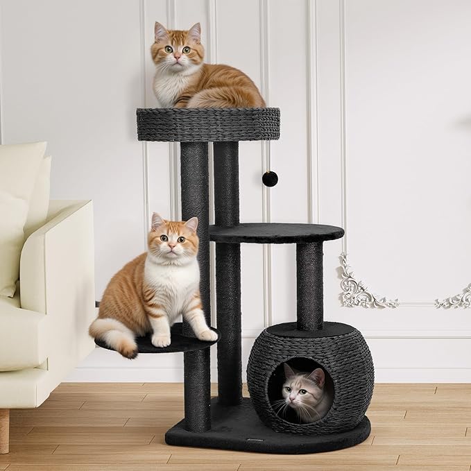 KAMABOKO Modern Cat Tree, 39" Tall Cat Trees for Indoor Cats, Cat Condo Natural Sisal with Scratching Posts, Hand-Woven Tower & Top Perch, Cat-Tree for Kittens Climb Play & Rest Black
