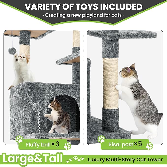 69in Large Cat Tree Tower for Indoor Cats with Soft Plush Hang Ball, Two Condos, Sisal Scratch Posts & Rope Play for Kittens/Adult Cats, Grey
