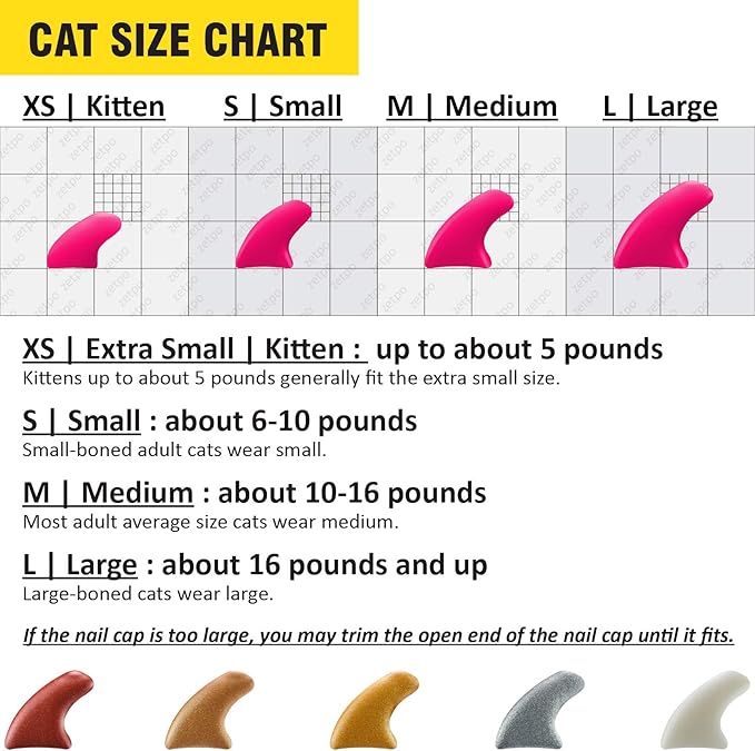 zetpo 100 pcs Cat Nail Caps | Cat Claw Covers | with Adhesives and Applicators (M, Metal Red, Bronze, Gold, Silver, Pearl White)