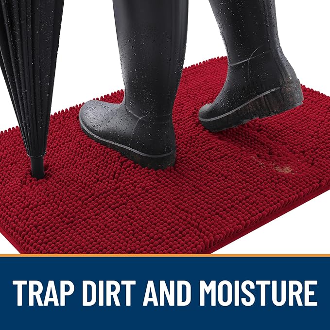 OLANLY Dog Door Mat for Muddy Paws 47x32, Absorbs Moisture and Dirt, Absorbent Non-Slip Washable Doormat, Quick Dry Chenille Mud Mat for Dogs, Entry Indoor Entryway Carpet for Inside Floor, Red