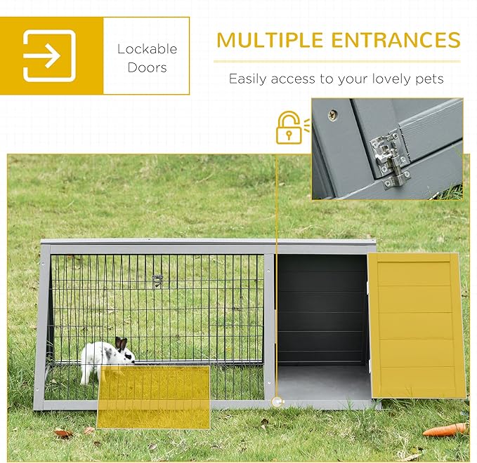 PawHut 46" x 24" Wooden A-Frame Outdoor Rabbit Hutch, Small Animal Cage, Bunny Hutch with Outside Run & Ventilating Wire, Gray