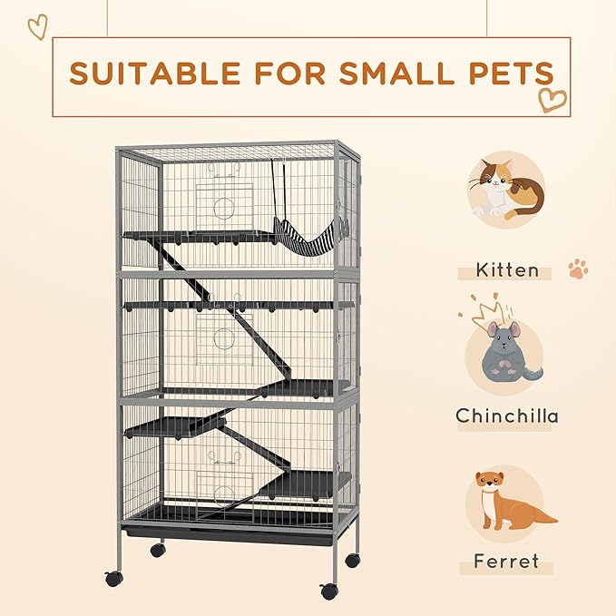 PawHut 63" 6-Tier Small Animal Cage, Ferret Cage, Large Chinchilla Cage with Hammock Accessory & Heavy-Duty Steel Wire, Small Animal Habitat with 6 Doors, Removable Tray, Gray