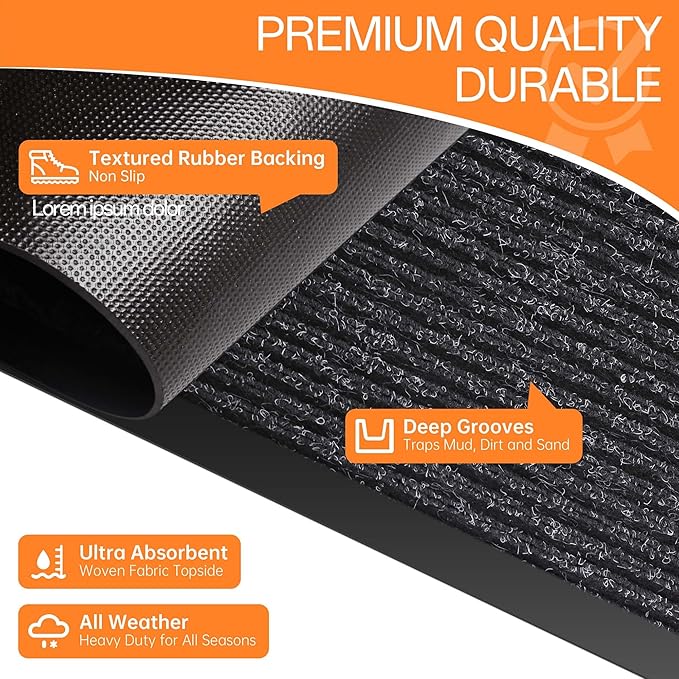 Indoor Outdoor Door Mat, 6' x 4' Doormat for Entryway, Rubber Backing Non Slip Front Door Mat Outside Entrance, Super Absorbent Commercial Floor Mat for Home Office, Black