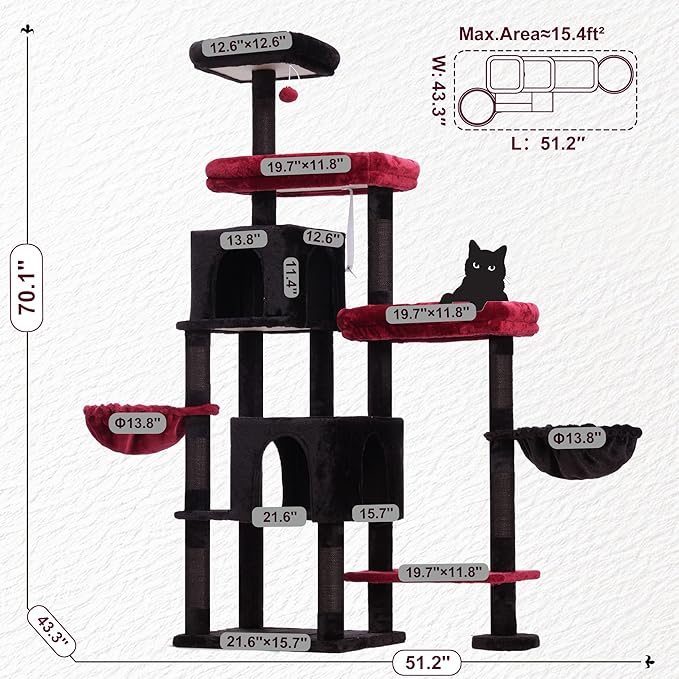 Hey-brother Cat Tree Tower, Scratching Posts with a Extended Part, Wide Platforms, Cozy Condos, Hammocks, Sisal Columns and Ball for Indoor Cats, 70.1 Inches, Black and Red MPJ038BR