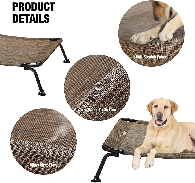 Veehoo Outdoor Elevated Dog Bed, Cooling Raised Dog Cots Beds for Large Dogs, Portable Waterproof Curved Dogs Hammock Bed for Outside, up to 120lbs, Black Legs, Brown 42"
