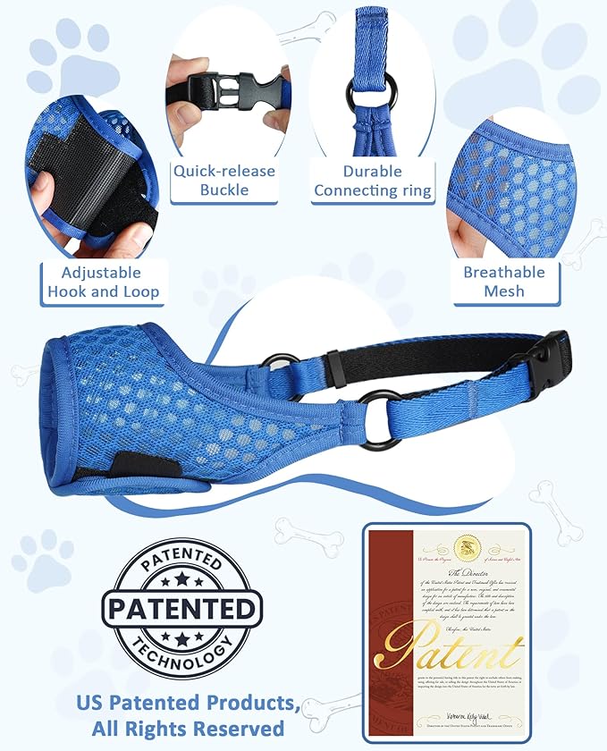 LUCKYPAW Soft Muzzle for Small Medium Sized Dogs, Dog Muzzle to Prevent Biting Chewing, Adjustable Breathable Mouth Guard for Grooming Walking Training(Blue, XS)