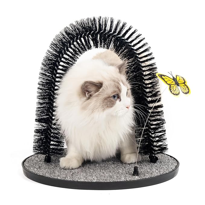 Pet Prime 2in1 Cat Arch Self Groomer for Indoor Cats, Back Scratcher Grooming Massage Brush With Sturdy Scratching Pad, Durable Brusher and Butterfly Toy