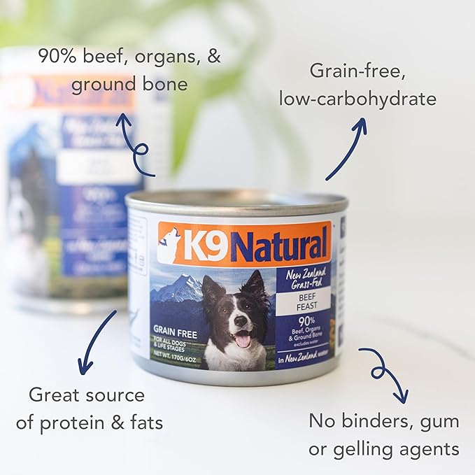 K9 Natural Wet Dog Food Pate, Beef Feast, 6 Oz Cans (Pack of 12), Grain Free, Made in New Zealand with Grass-Fed & Finished Beef, Single Source, Limited Ingredient