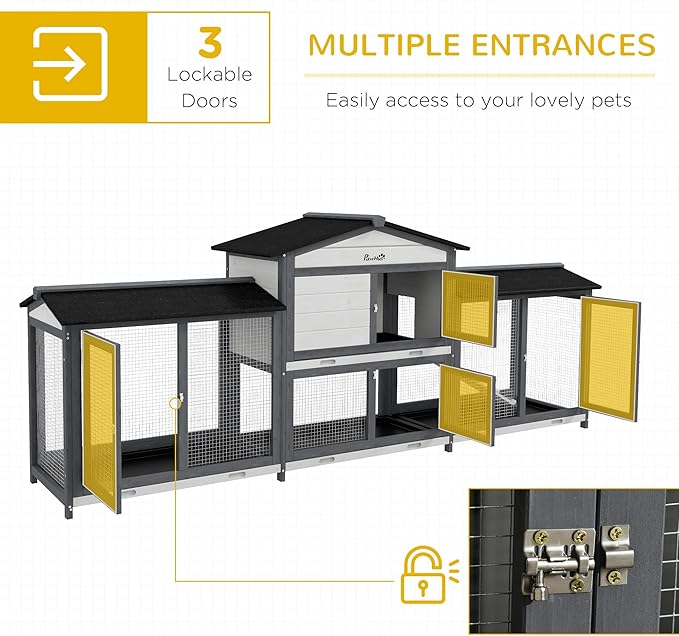 PawHut 90.5" Wooden Rabbit Hutch Bunny Cage Pet Playpen House Enclosure with Double Side Run Boxes, No Leak Tray, Ramp, for Guinea Pig and Small Animals, Light Gray