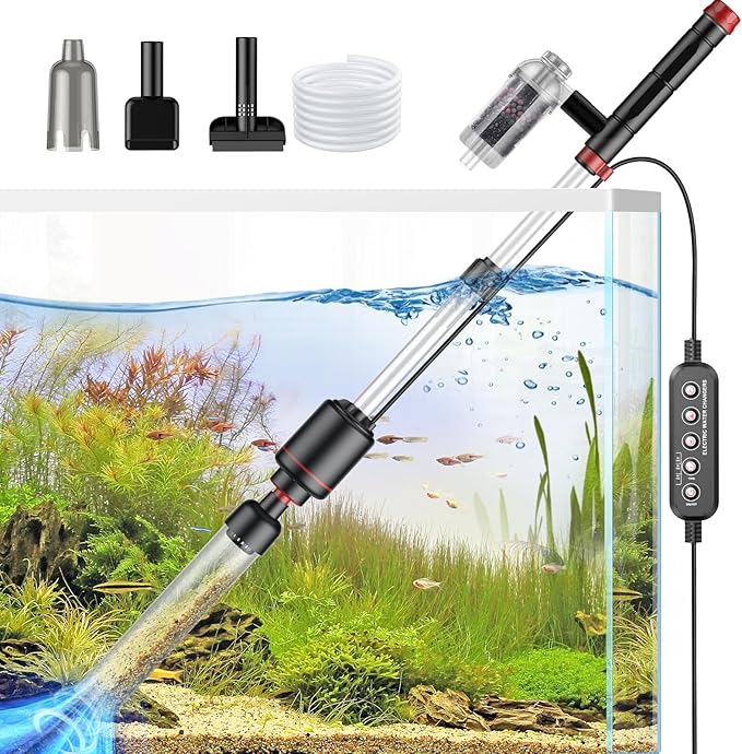 Electric Aquarium Vacuum Gravel Cleaner: 24W Fish Tank Vacuum Gravel Cleaner with Strong Suction for Automatic Water Change Algae Remover Sand Wash Water Shower and Water Circulation, Timed Off