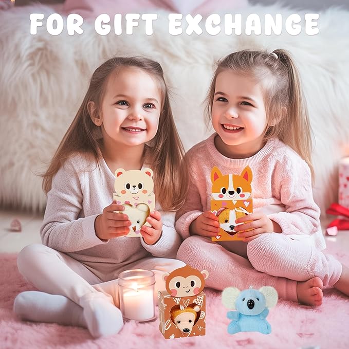 Sofier Valentines Day Gifts for Kids Classroom 24 Pack Card Boxes with Heart Window Mini Animal Toys Keychains Bulk for Boys Girls Classroom Exchange Party Favor School Teacher Student