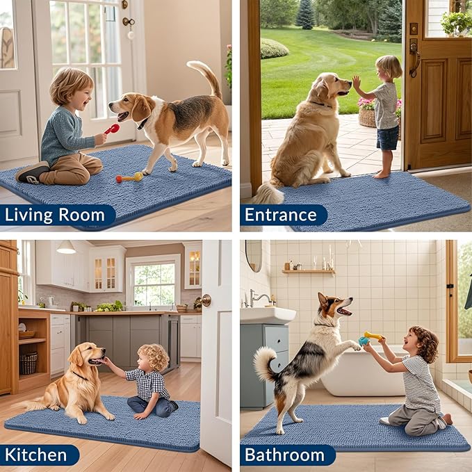 Smiry Dog Door Mat for Muddy Paws 36x24, Absorbs Moisture and Dirt Doormat, Non-Slip Washable Quick Dry Chenille Front Door Mat Indoor Entrance, Entryway Carpet for Inside Floor, Airy Blue